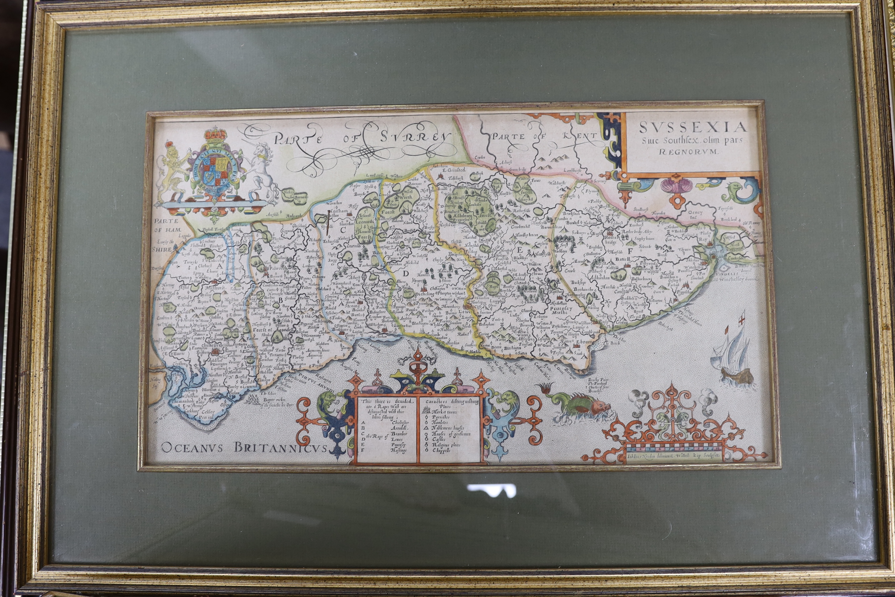 Five framed maps of Sussex, including four 18th century examples by Herman Moll, Johanes Norden, etc. largest 49 x 62cm